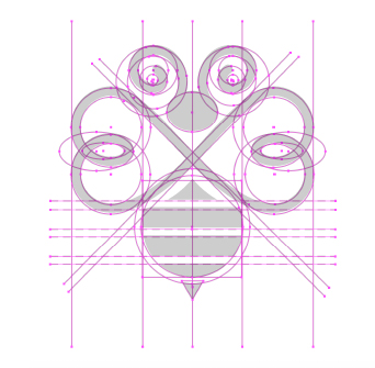 Geometric bee logo with construction lines and circles showing design grid.