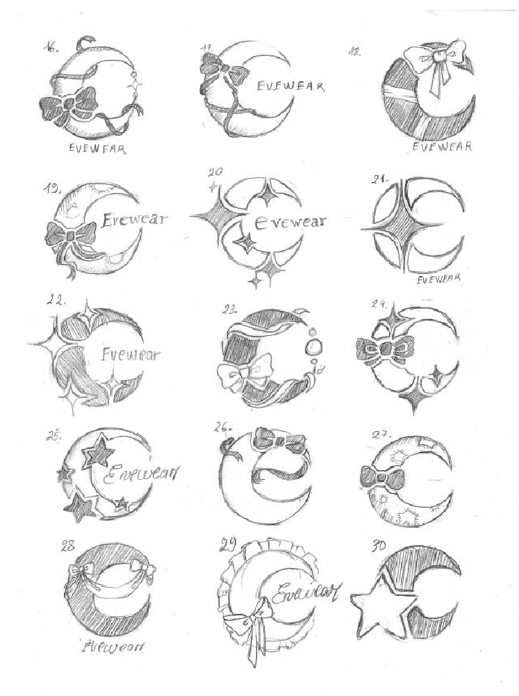 Hand-drawn logo sketches featuring crescent moons styled with bows, stars, and decorative elements, each labeled with variations of the text 'EVEWEAR' or 'Evewear'.