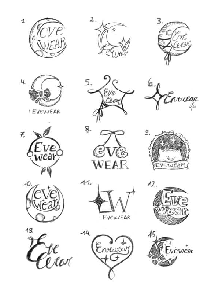Fifteen hand-drawn black and white Evewear logo sketches featuring moons, stars, bows, hearts, leaves, and decorative text.