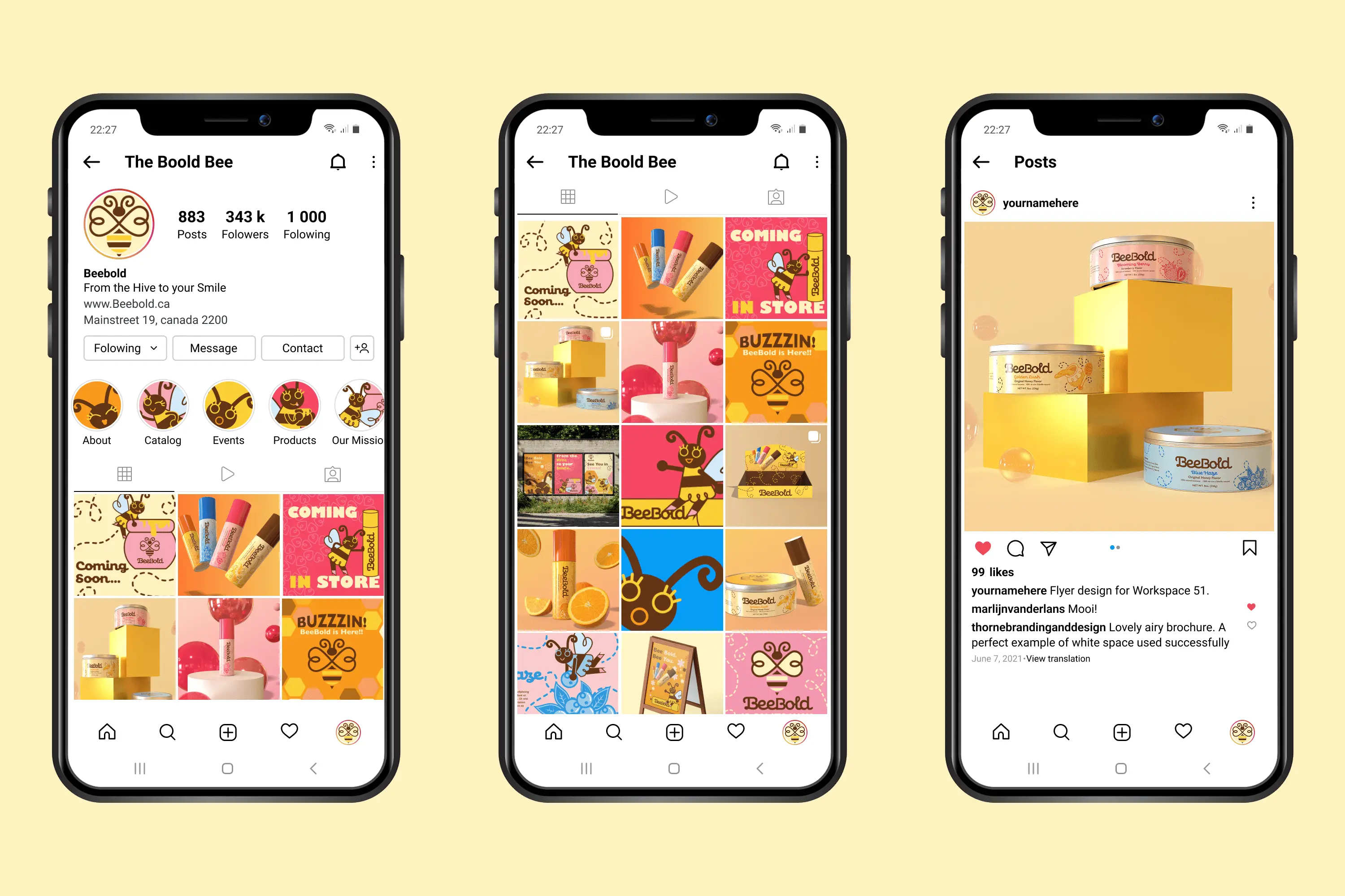 Three smartphones displaying Instagram profiles and posts for Beebold, featuring colorful bee-themed product images and branding.