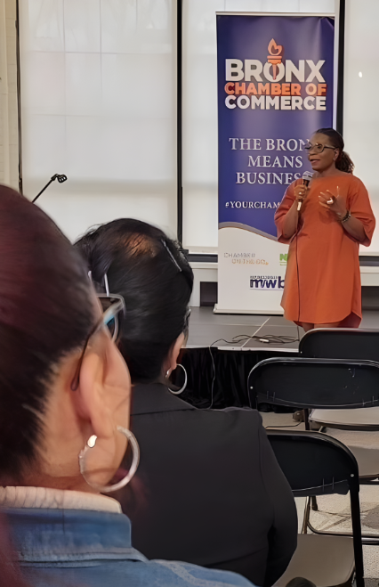 Maxine Attong delivering resume writing workshop at Bronx Chamber of Commerce - New York