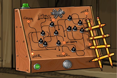 Eine braune Box die in einem Schrank steht. Es ist eine Escape Room Requisite.