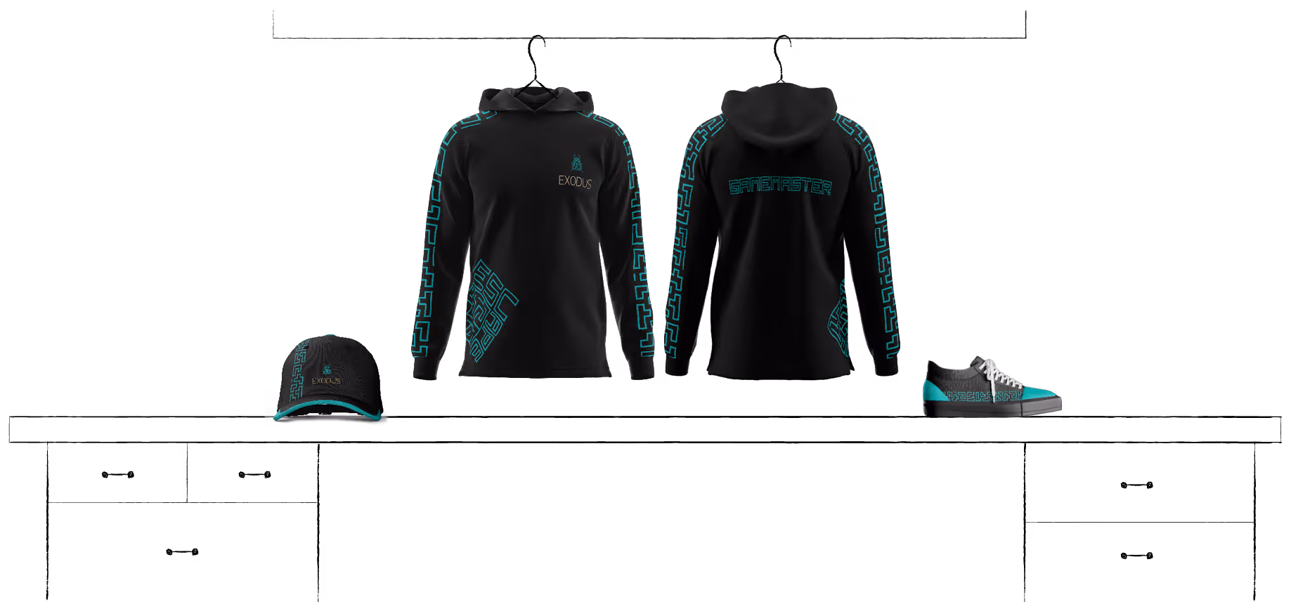 Arbeitskleidung mit Pullover Schuhe und Cap.