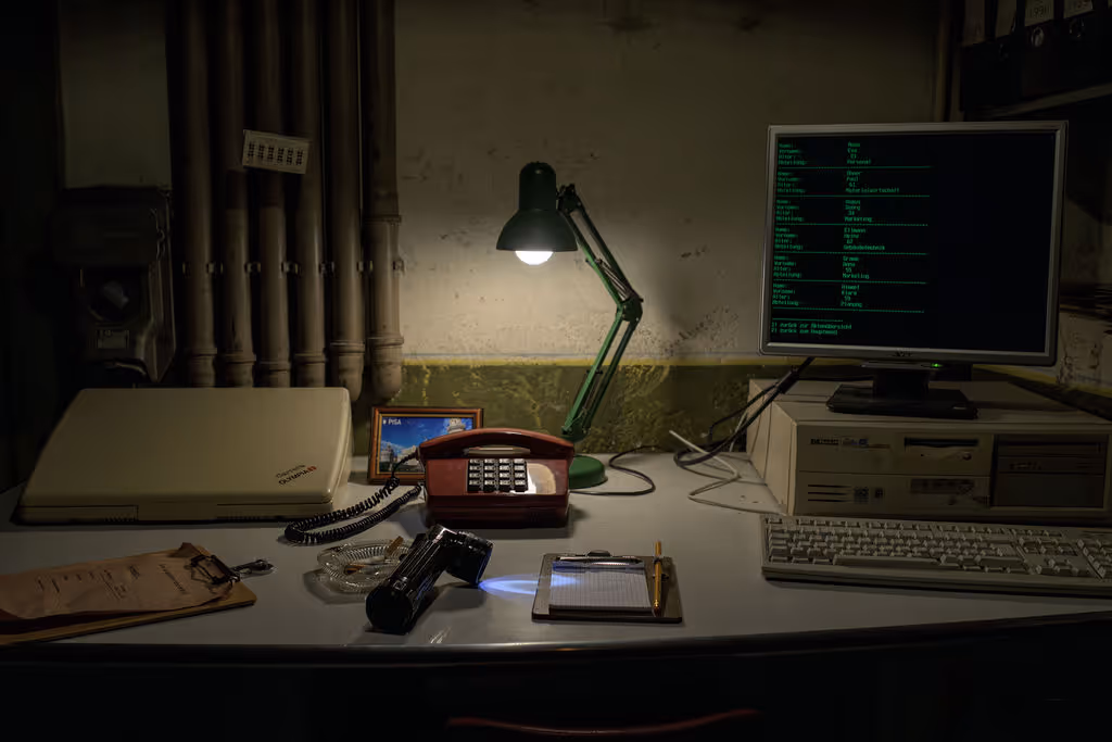 Ein Bild von einem Schreibtisch in einem alten Weltkreigsbunker. Auf dem Schreibtisch ist ein alter Computer, eine Lampe, ein Telefon und ein Schreibblock zu sehen.