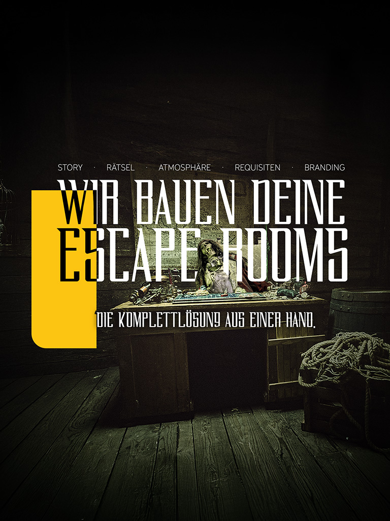 Ein Bild von einem Piratenschiff Escape Room. Auf dem Bild steht die Überschrift: Wir bauen deine Escape Rooms