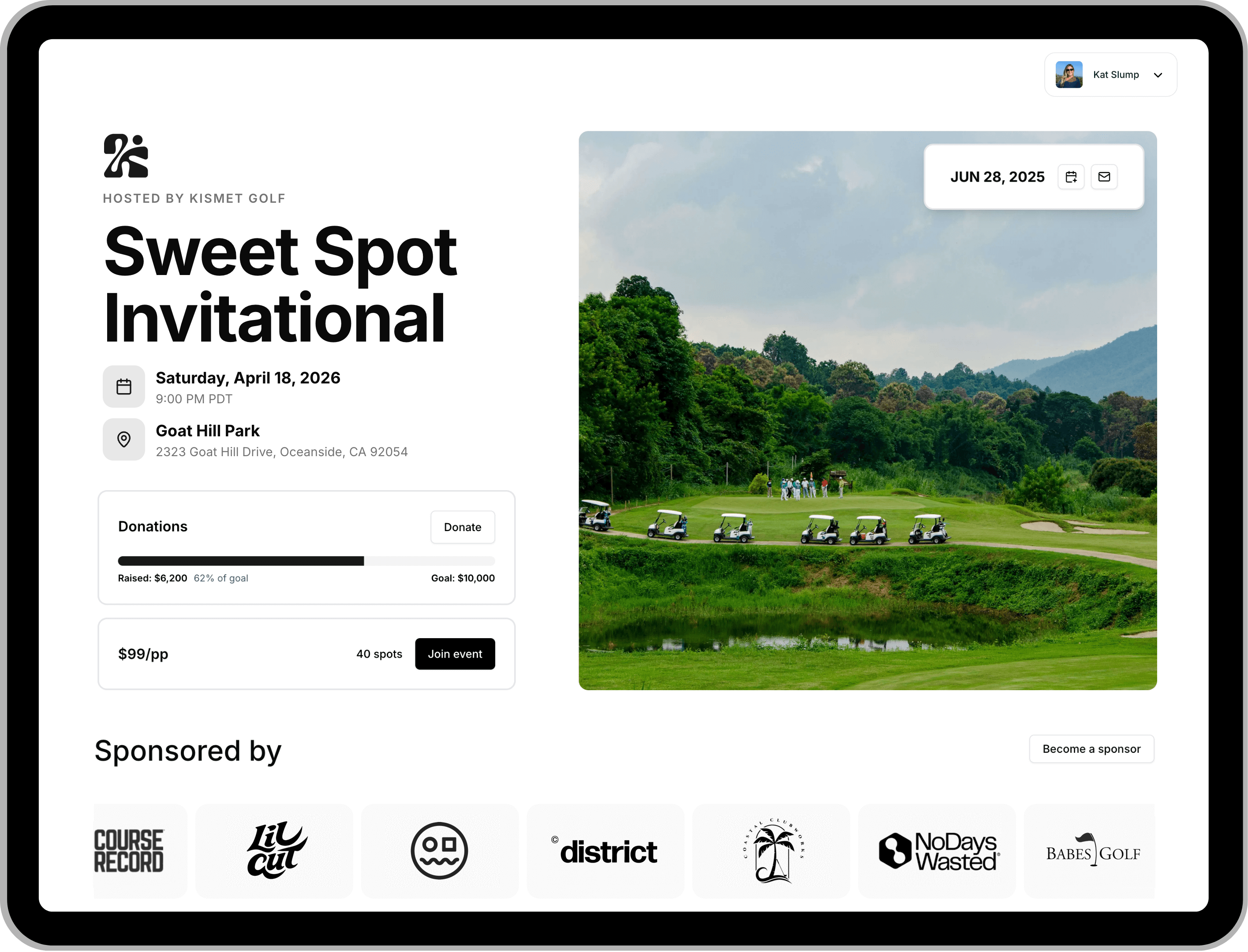 Event page for Sweet Spot Invitational golf tournament with date April 18, 2026, location Goat Hill Park, donation progress, and sponsors at the bottom, featuring a photo of golf carts lined up on a green golf course.