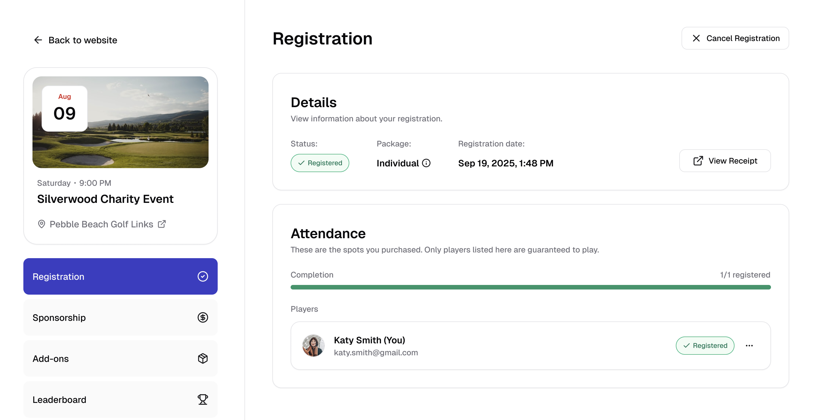 Registration page for Silverwood Charity Event on August 9, 9 PM at Pebble Beach Golf Links, showing Katy Smith registered for an individual package with receipt and cancellation options.
