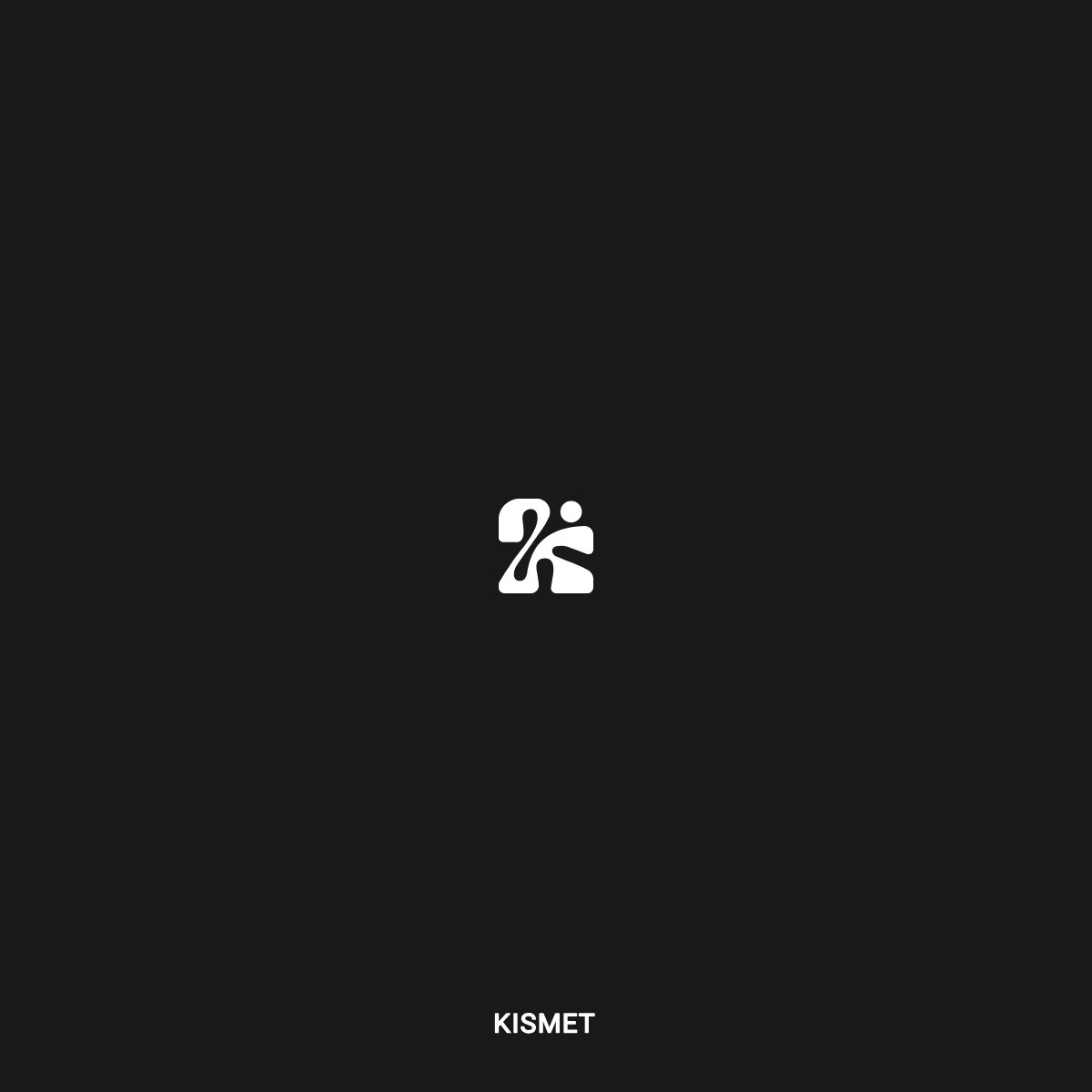 White abstract logo design above the word KISMET on a black background.