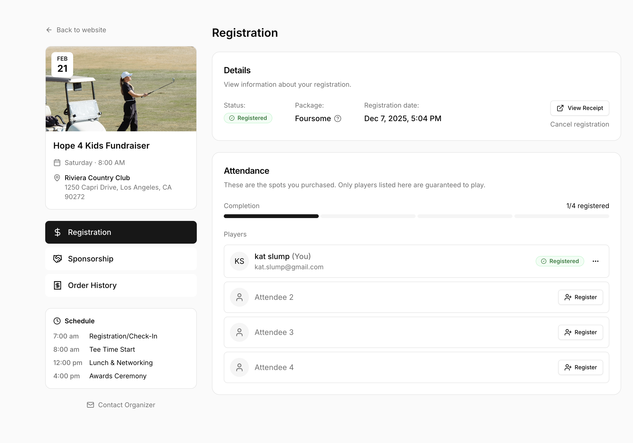 Registration page for Silverwood Charity Event on August 9, 9 PM at Pebble Beach Golf Links, showing Katy Smith registered for an individual package with receipt and cancellation options.