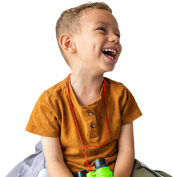 cut out photo of a child laughing holding a pair of binoculars