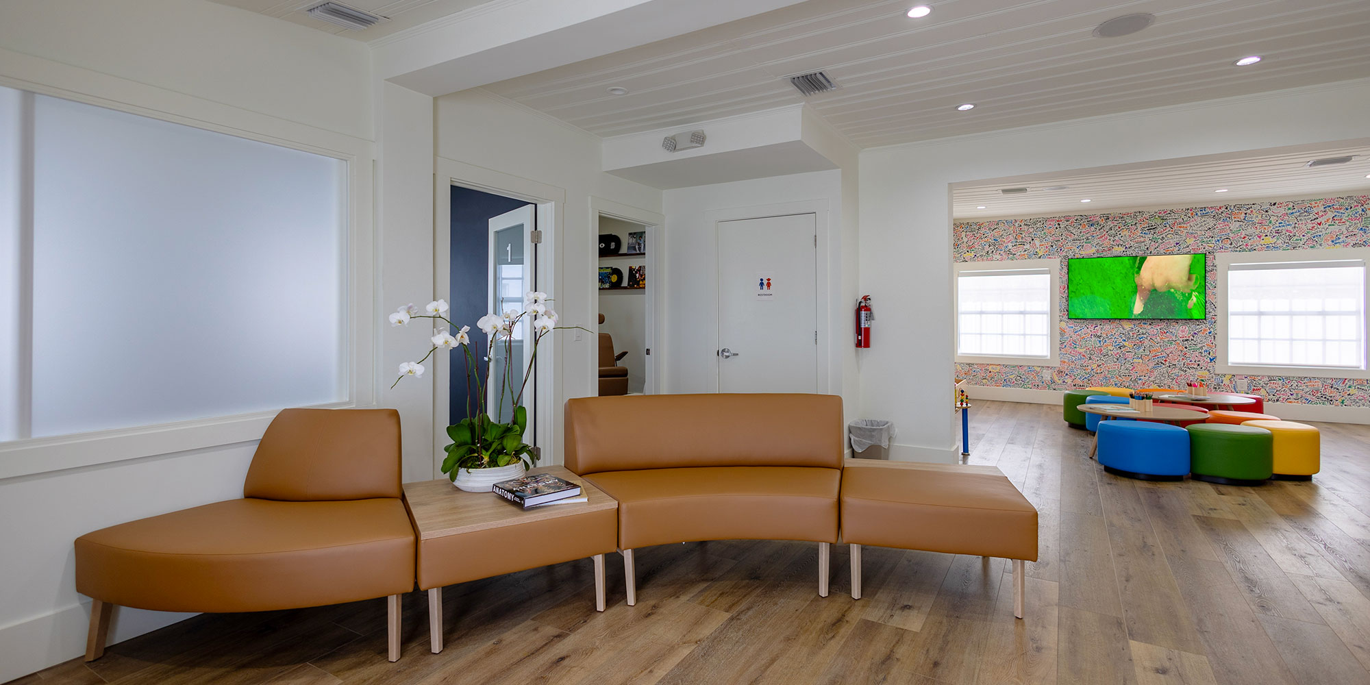 waiting area with curving sofas