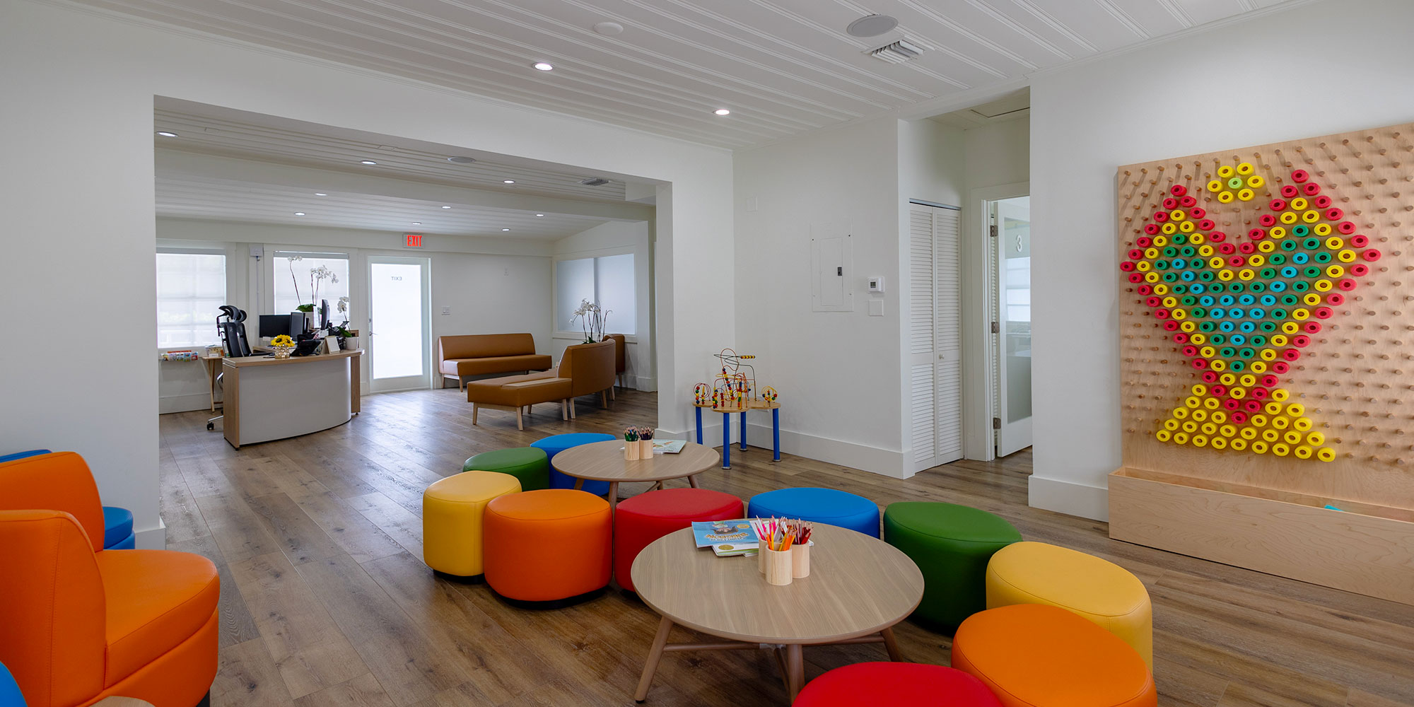 waiting room with colorful seats