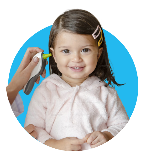 circular photo of girl getting temperature taken with ear thermometer