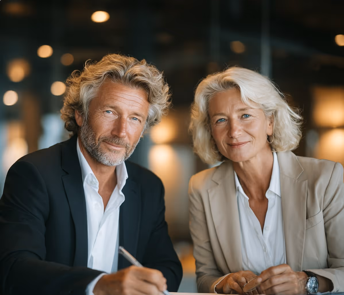Deux professionnels matures regardant la caméra, un homme en costume noir et une femme en veste beige, dans un bureau moderne.