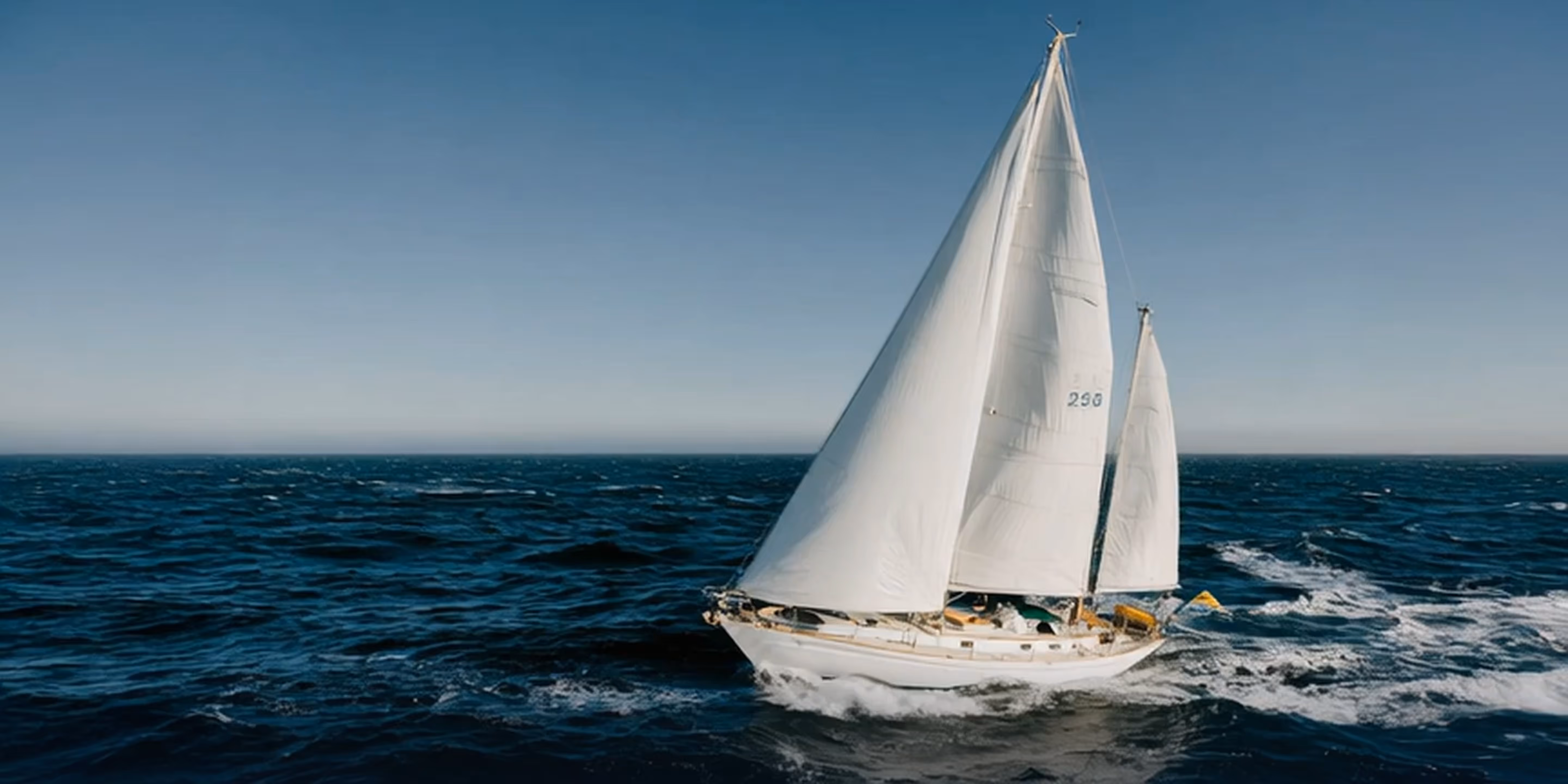 Voilier blanc naviguant sur une mer agitée sous un ciel dégagé.