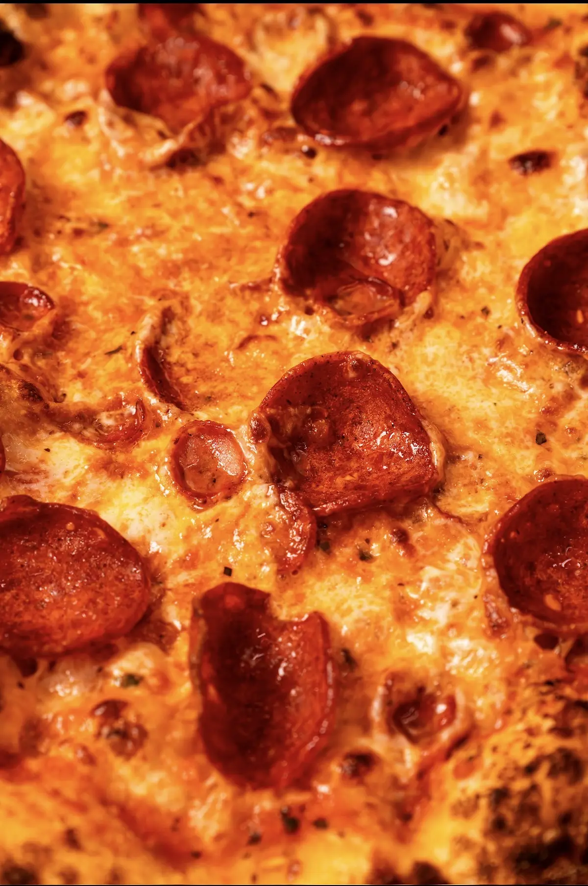 Close-up of Love U Pizza pepperoni with bubbling cheese