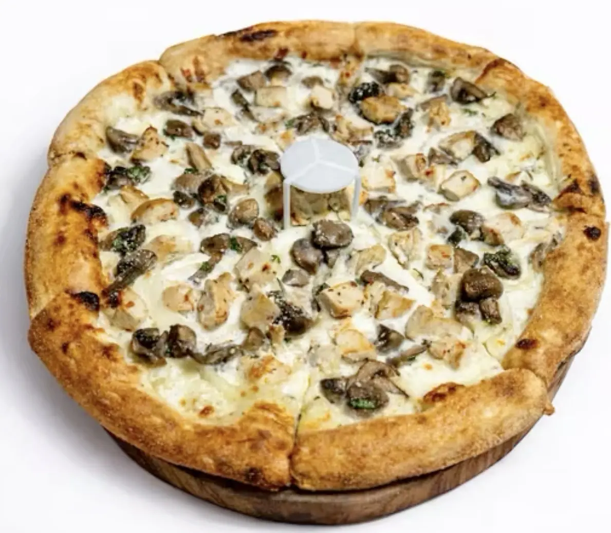 Creamy mushroom pizza with a golden crust