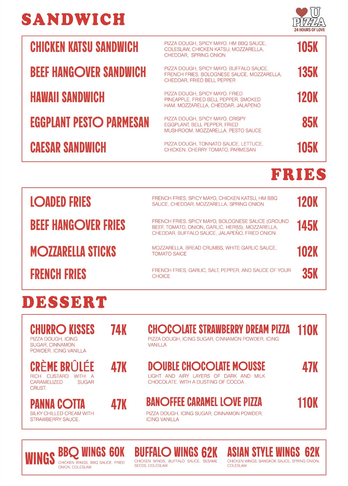 Love U Pizza takeaway and dine-in sides, desserts and wings menu