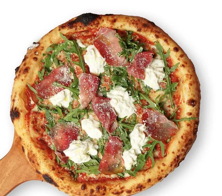 Love U Pizza topped with rocket, creamy cheese and prosciutto
