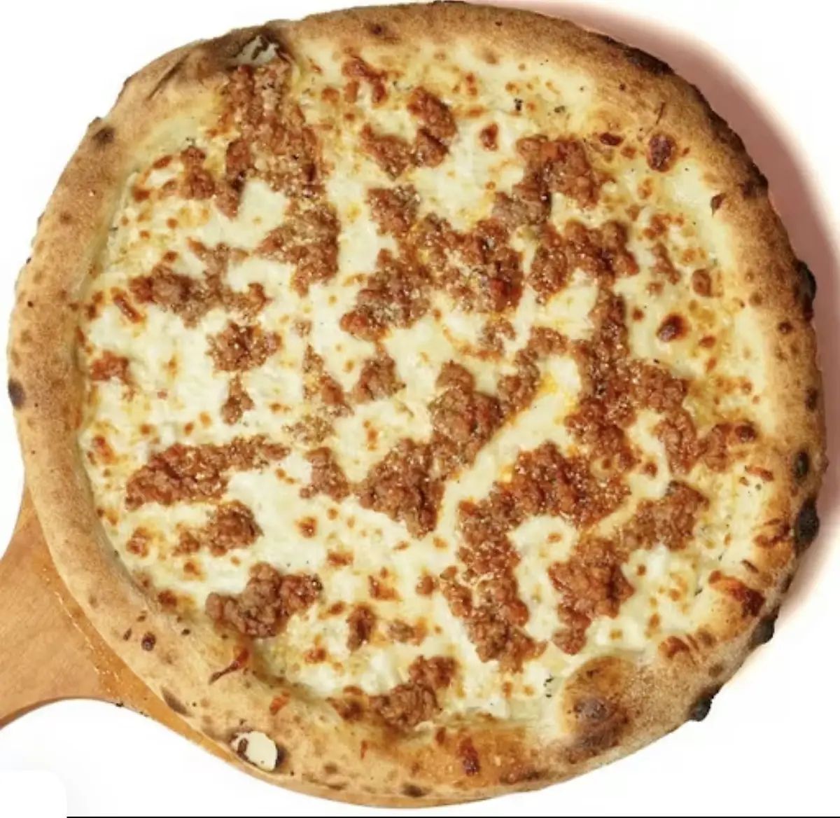 Sausage and cheese pizza with a blistered golden crust