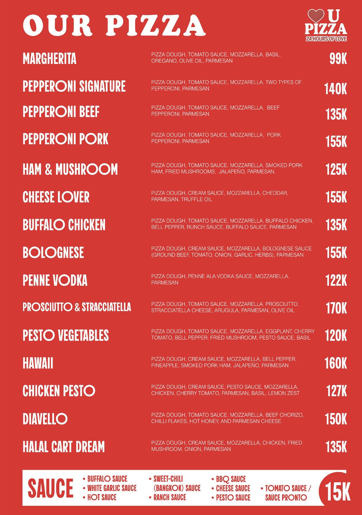 Love U Pizza takeaway and dine-in pizza menu