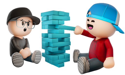 Two TruWorlds characters sitting on the ground playing a block stacking game, one character wearing a blue cap and red hoodie pulls a block, the other character with glasses and a black cap watches with surprise.