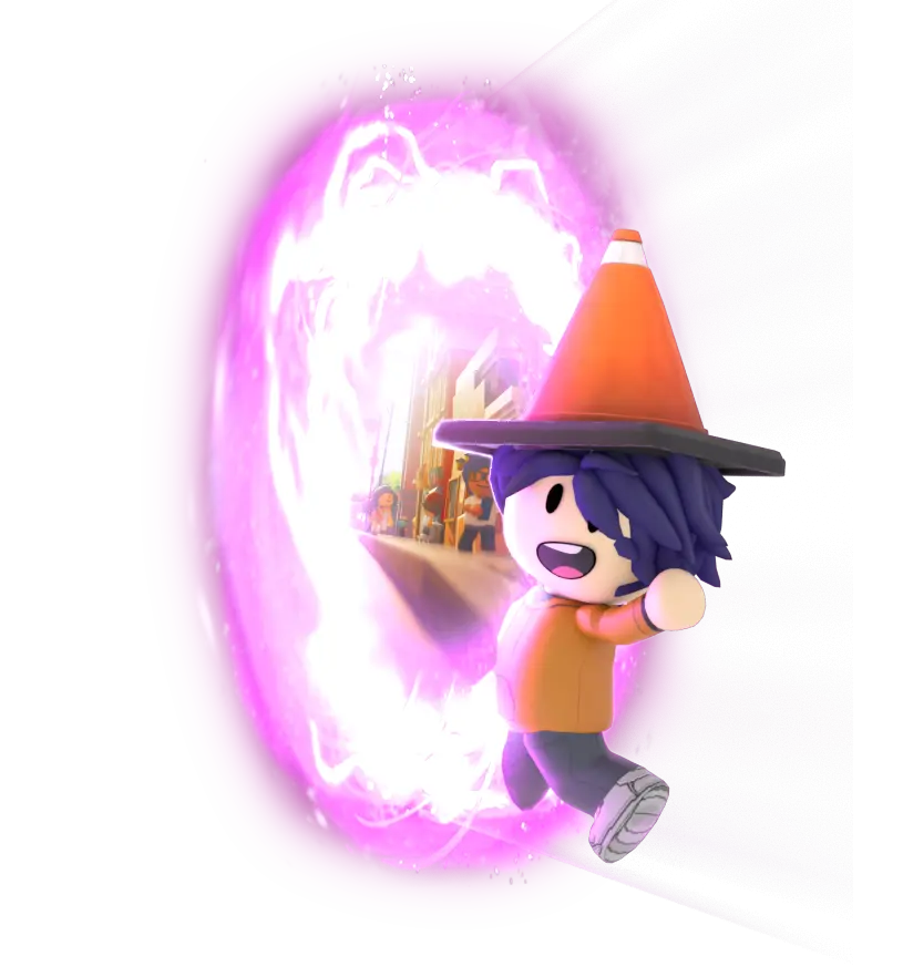 TruWorlds character with blue hair wearing a traffic cone hat and orange shirt stepping through a glowing purple portal.