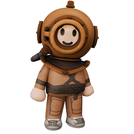 TruWorlds character wearing a vintage deep-sea diving suit with a round helmet and a smiling face visible through the front window.