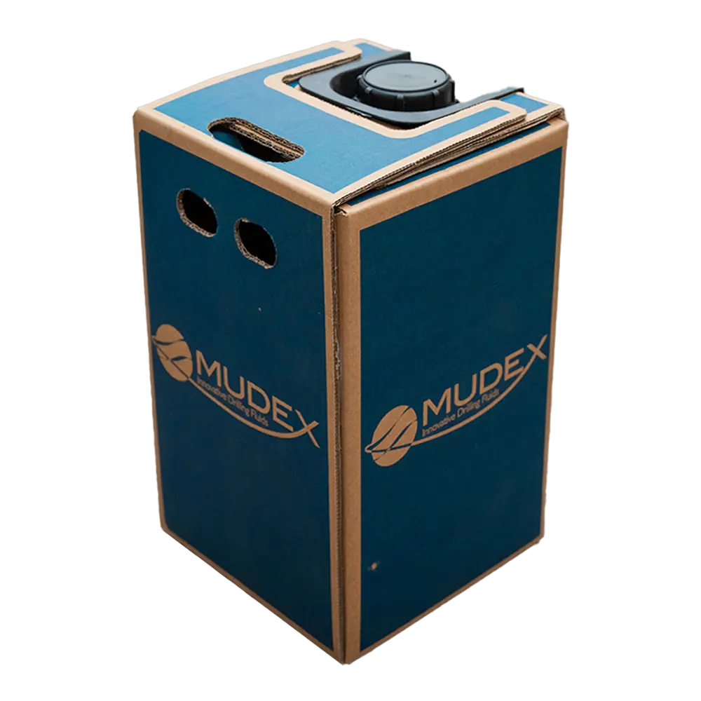 EcoDrum innovative container with custom blue printing on brown cardboard box with a black cap on top.