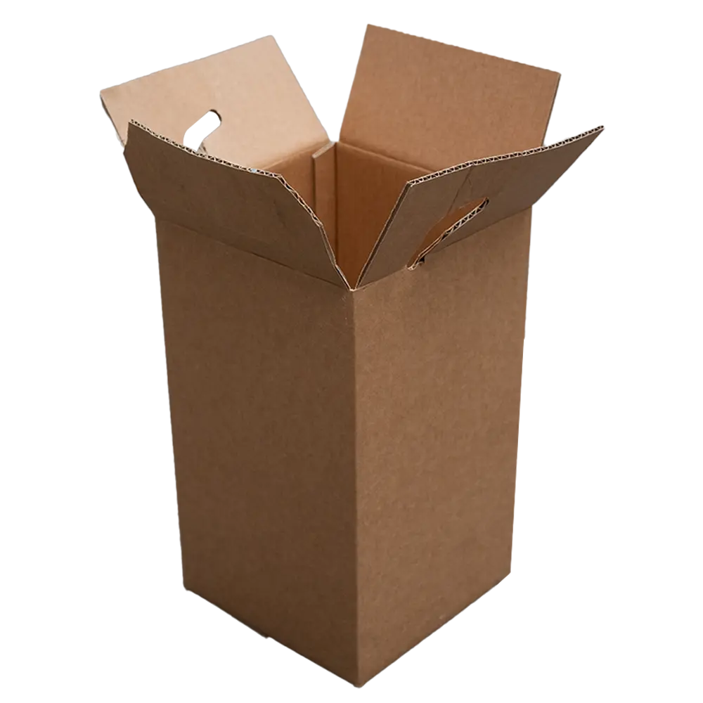 Closed EcoBucket cardboard box with top flaps open to demonstrate.