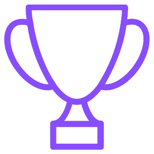 Purple outline icon of a trophy cup awarded for achievement.