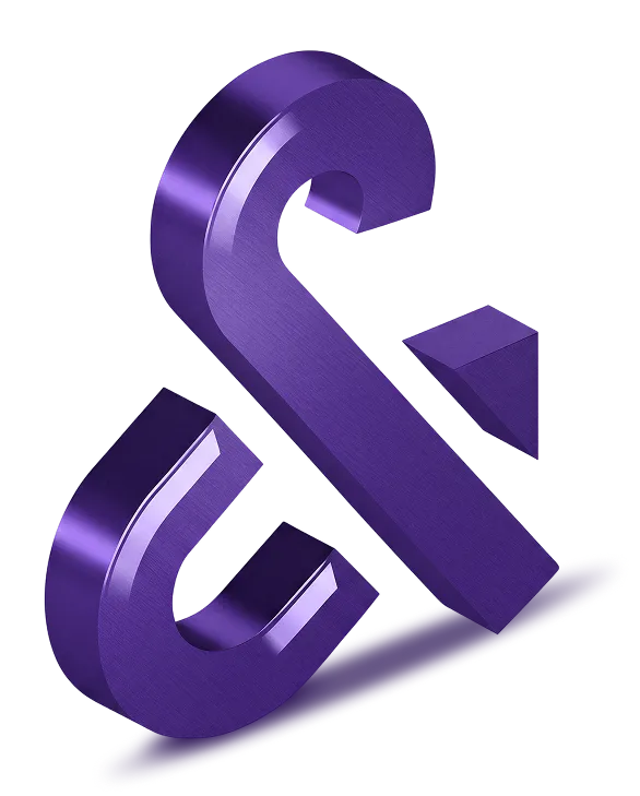 Three-dimensional purple abstract shape consisting of curved and angular segments on a white background.