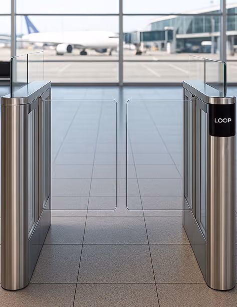 Modern stainless steel airport gate with transparent barriers and airplane visible outside window.