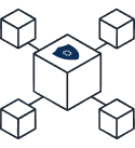Central cube connected by lines to four smaller cubes at each corner.