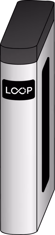 Silver vape device with black top and screen displaying the word LOOP on the front.