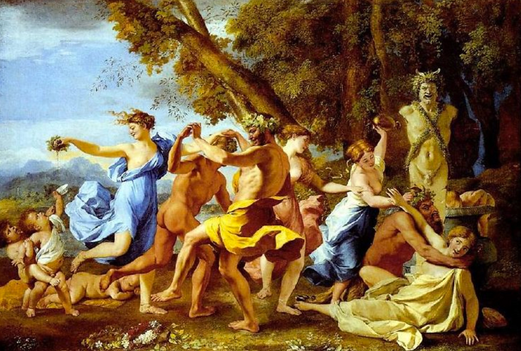 A Bacchanalian scene of dancing and sensual activities in a lush natural landscape. Nude and draped figures embrace while a satyr statue looms in the background.