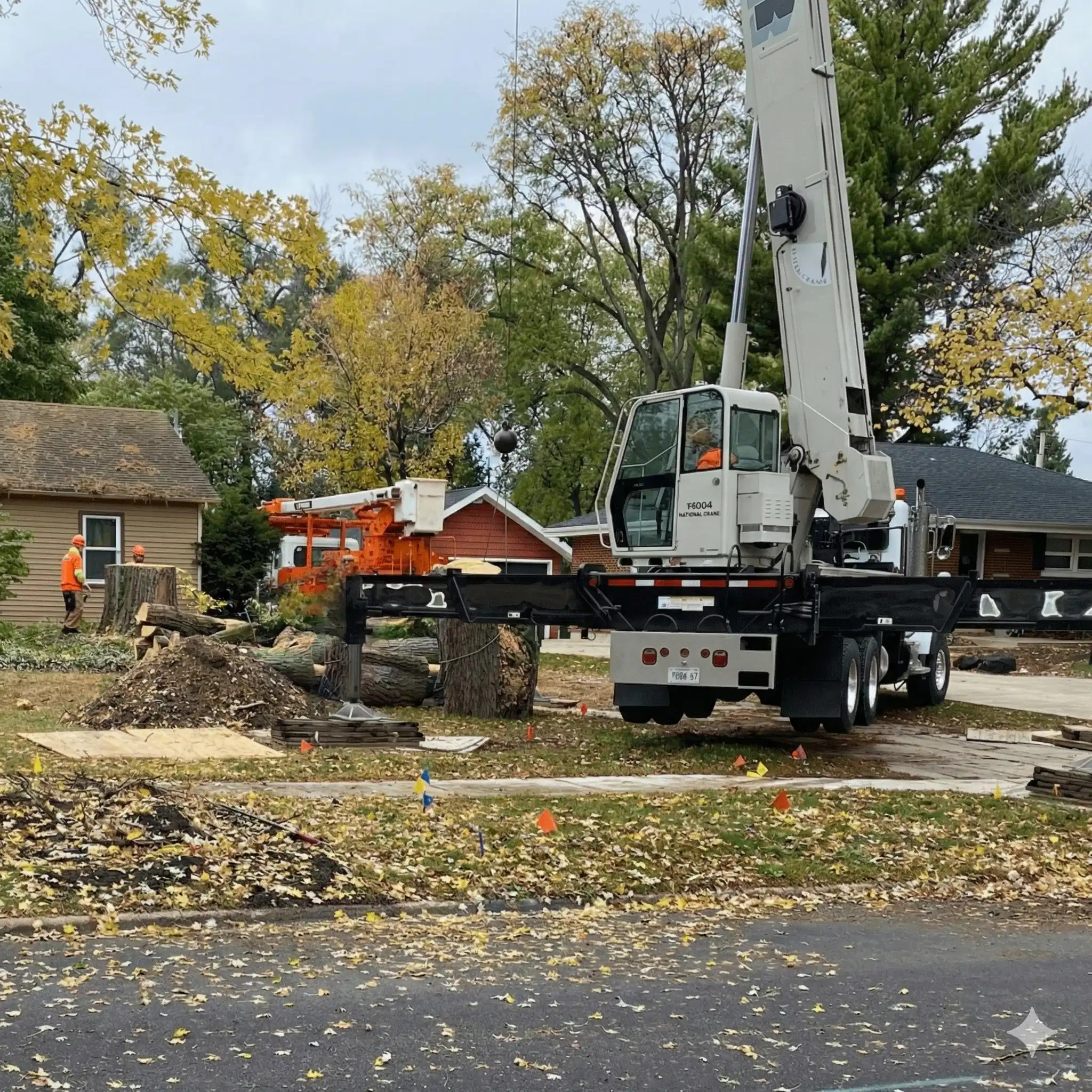 Crane-assisted tree removal at a residential property, with arborists and heavy equipment safely removing large tree sections as part of Donegal Services’ Chicagoland tree removal operations.