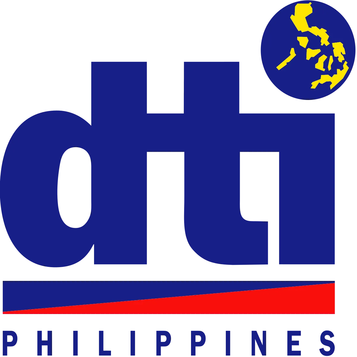 DTI Philippines logo with dark blue letters, yellow map of the Philippines in a blue circle, and a blue and red stripe underneath.
