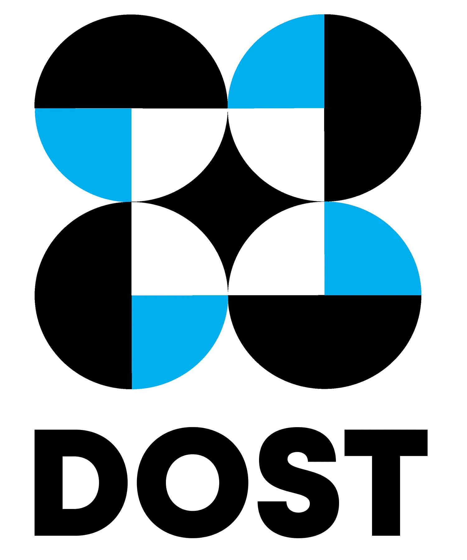 Logo with four circles divided into black, blue, and white segments forming a star shape in the center, with the word DOST below it.