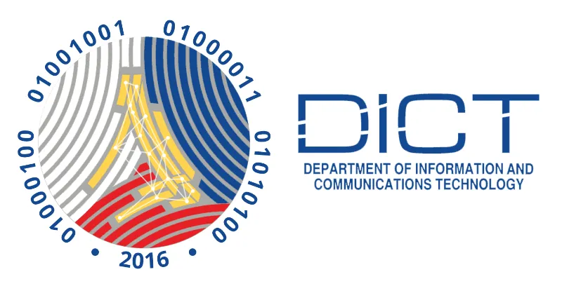 Logo of the Department of Information and Communications Technology featuring a circular design with binary code and a stylized letter A, alongside the text 'DICT Department of Information and Communications Technology'.