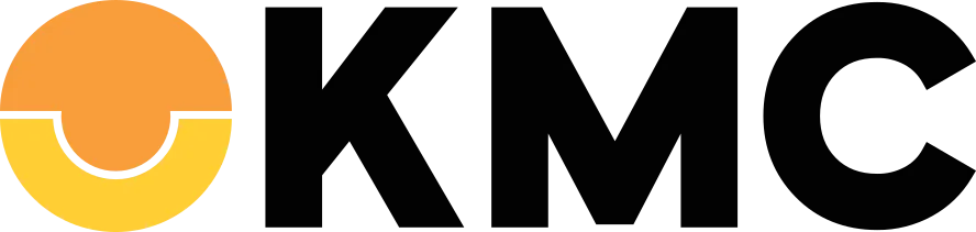 KMC logo with stylized circular symbol in orange and yellow next to bold black letters KMC.