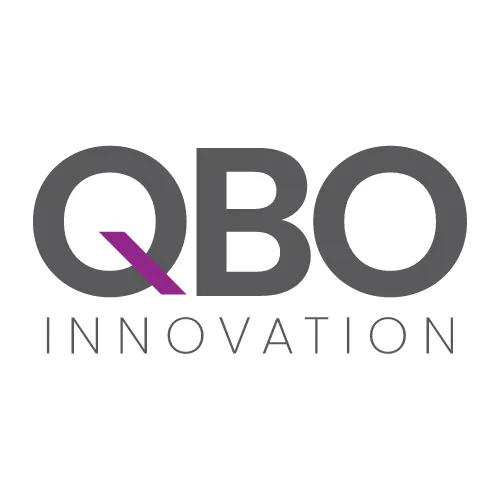 Logo with the letters QBO in dark gray, the Q has a diagonal purple line, above the word INNOVATION in thin gray uppercase letters.