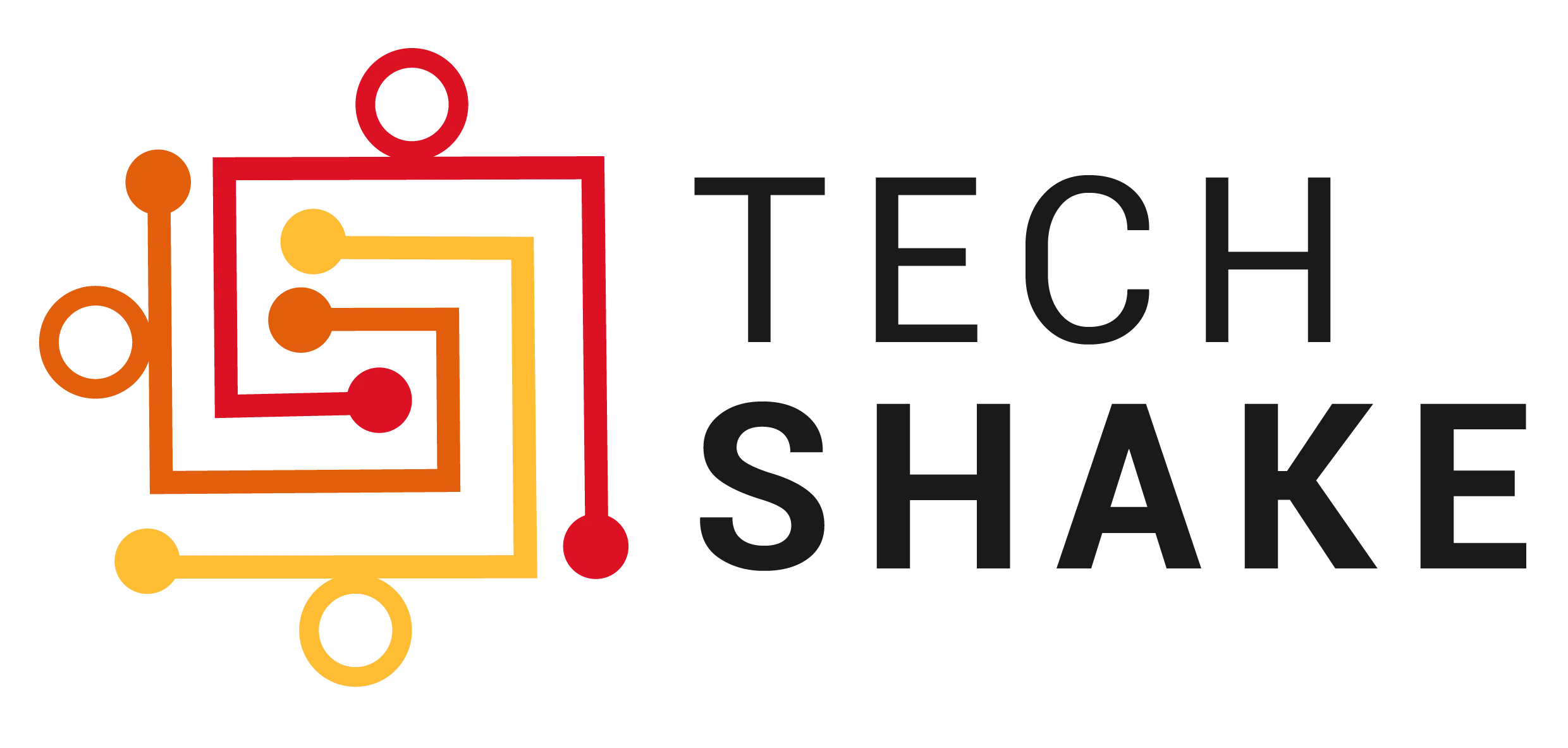 TechShake logo with interconnected circuit lines in red, orange, and yellow next to the text 'TECH SHAKE'.