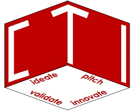 Red and white cube-shaped logo with letters 'C', 'T', and words ideate, pitch, validate, innovate around the base.