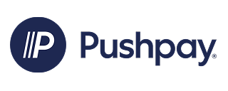 Pushpay company logo featuring stylized 'P' in a navy blue circle next to the word 'Pushpay'.