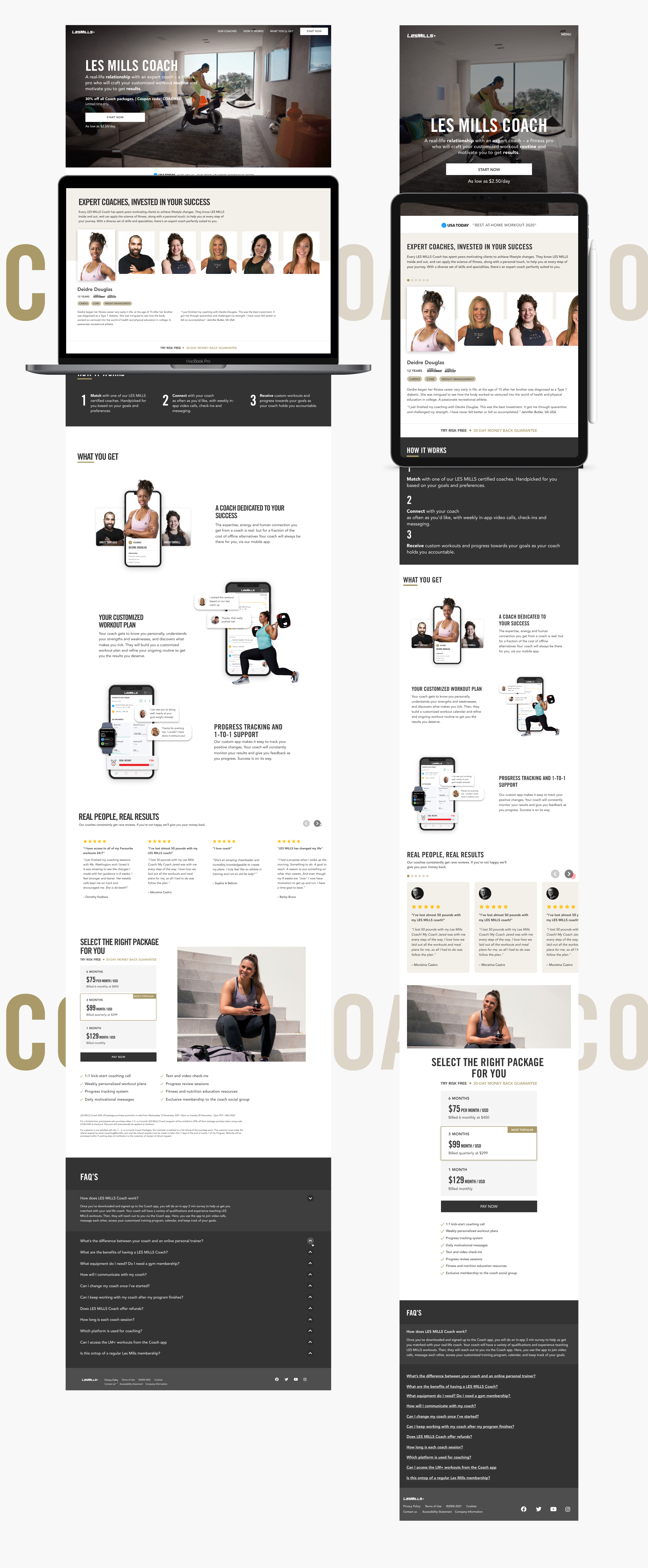 Side-by-side webpage screenshots showing Les Mills Coach online fitness program with expert coach profiles, workout plans, progress tracking, testimonials, pricing packages, and FAQs.