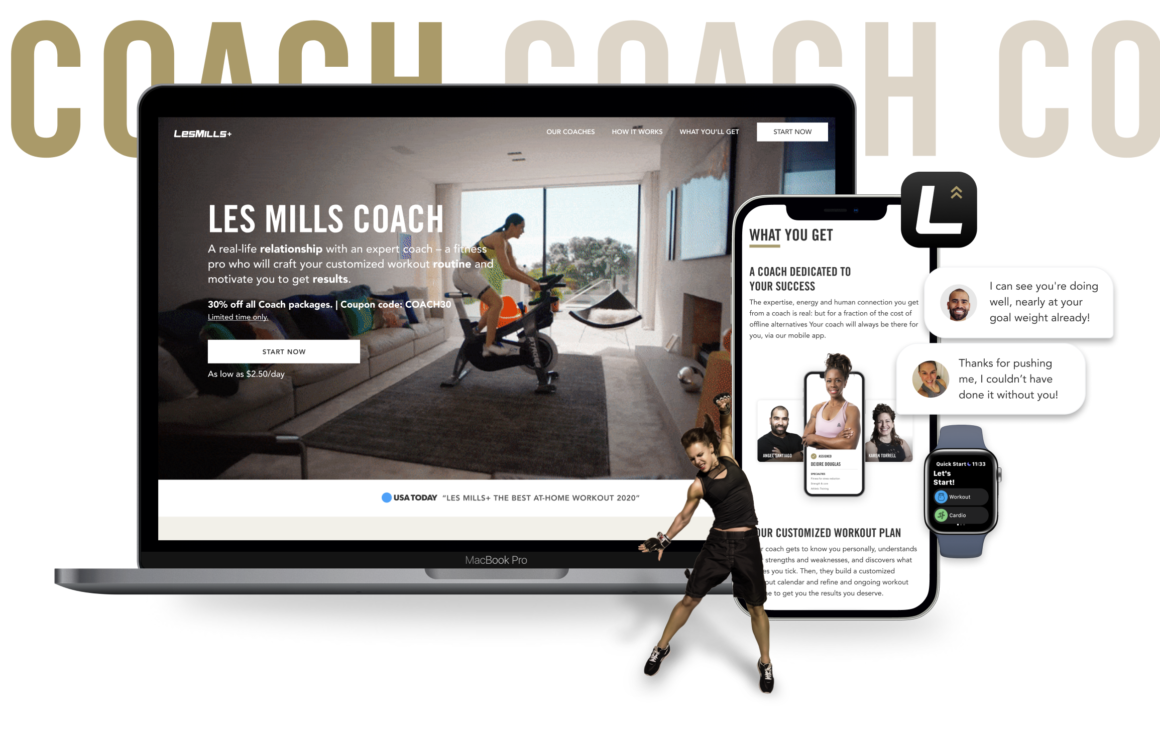 Laptop and smartphone displaying Les Mills Coach fitness app with a woman on a stationary bike and a female coach dancing in front.