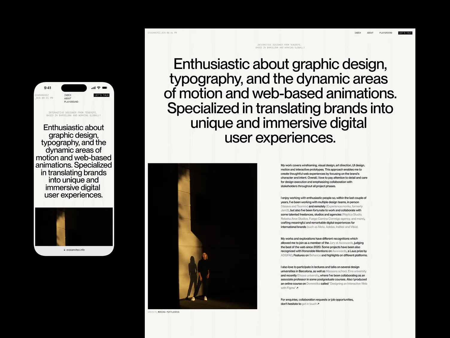 Website homepage showing an introduction to a graphic designer with a photo of a person casting a shadow on a wall, accompanied by detailed text about their work and contact info.