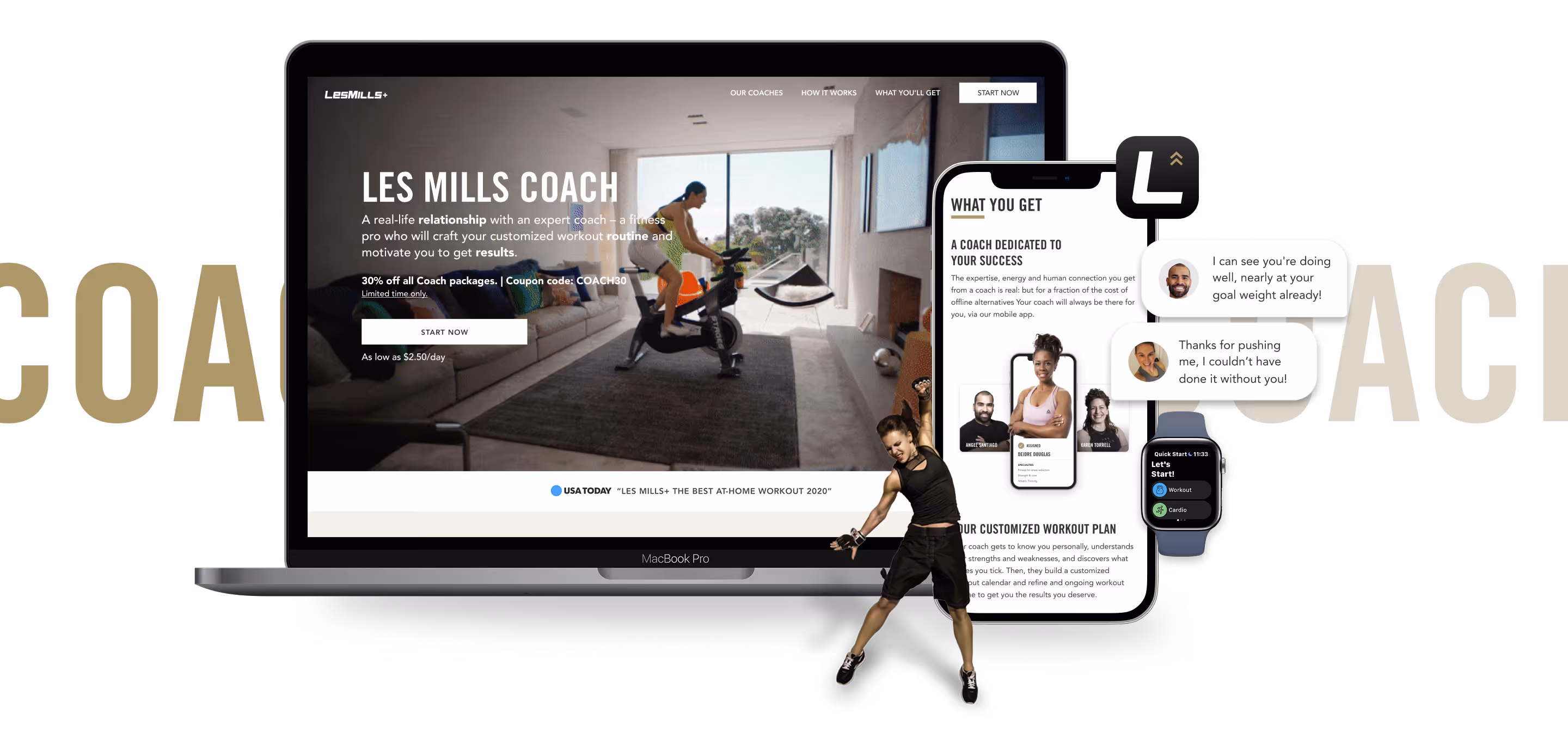 Les Mills Coach digital workout program displayed on a MacBook Pro, smartphone, and smartwatch, featuring a person on a stationary bike and motivational messages.