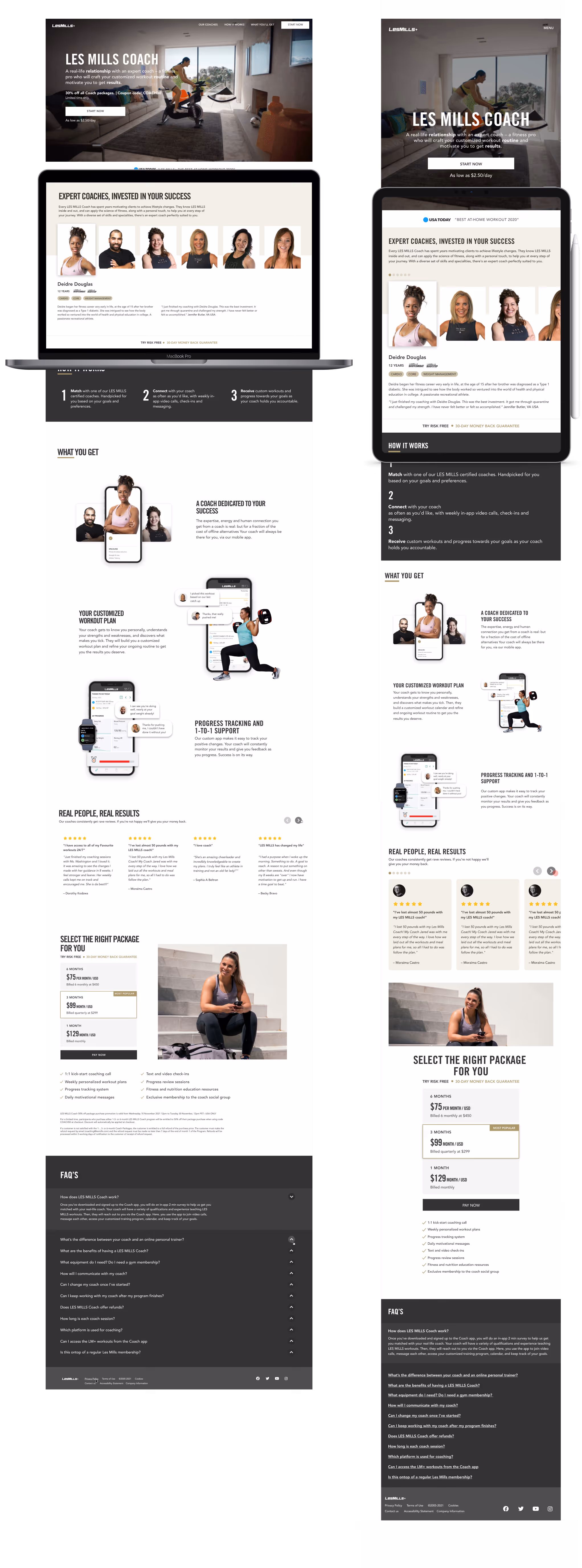 Screenshots of LES MILLS COACH digital workout platform displayed on a laptop and tablet, featuring expert coaches, customized workout plans, progress tracking, pricing packages, and FAQ sections.